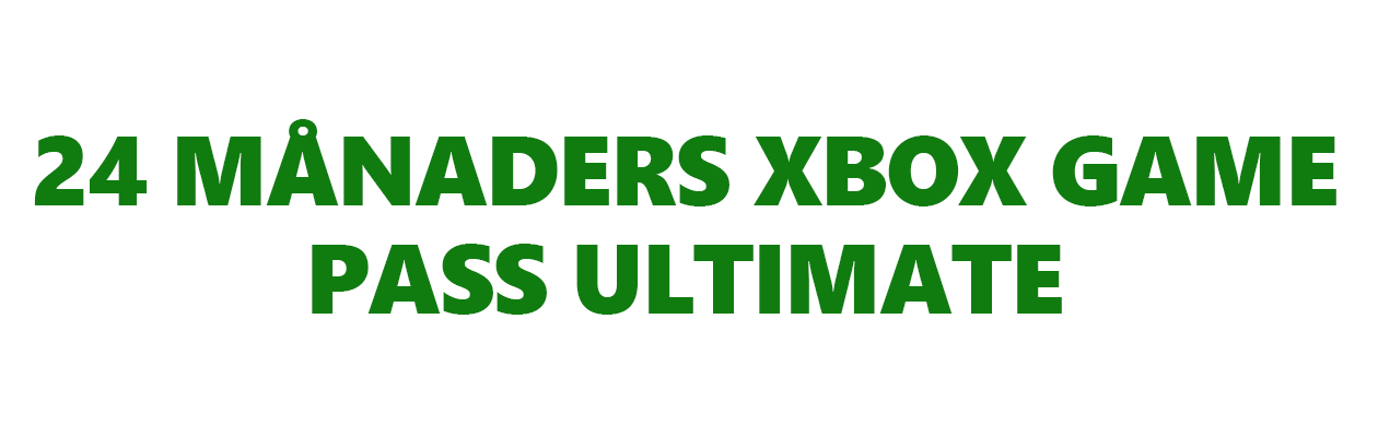 "24 månaders Xbox game pass ultimate" i grön text på vit bakgrund. 