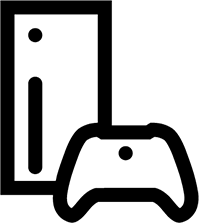 Symbol i svart som föreställer en konsol och en dator. 