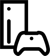 Symbol i svart som föreställer en konsol och en dator.