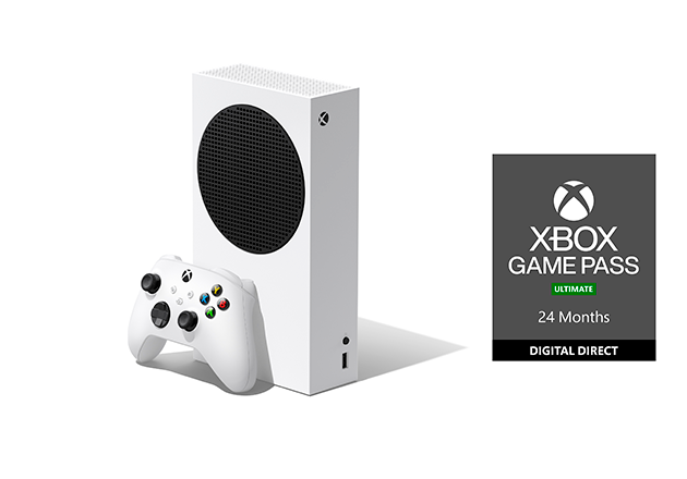 XBOX series S med vit konsol och dator. Texten 284KR/MÅNAD i grönt.