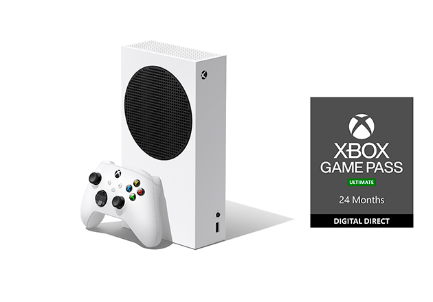 XBOX series S  med vit konsol och dator. Texten 284KR/MÅNAD i grönt. 