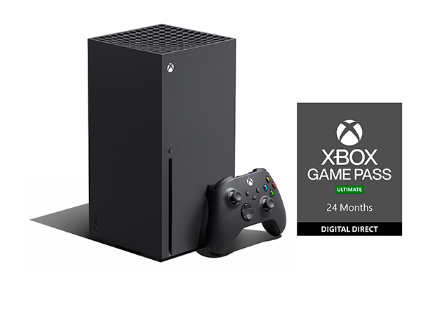XBOX series X med bild på en dator och en konsol. Med texten 370 KR/MMÅNAD i grönt.