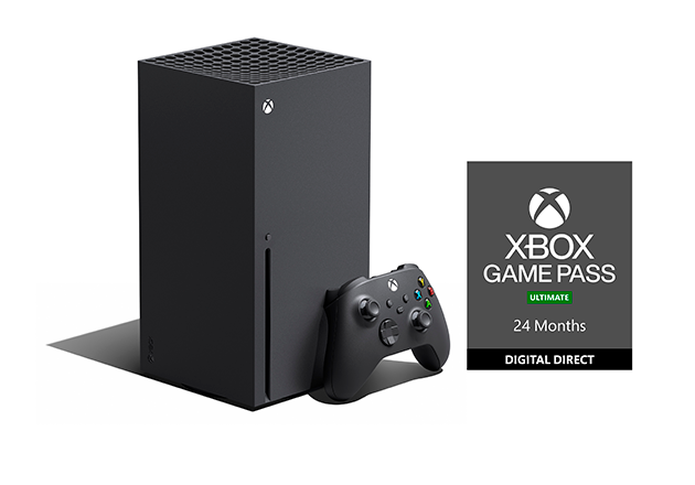 XBOX series X med bild på en dator och en konsol. Med texten 370 KR/MMÅNAD i grönt. 