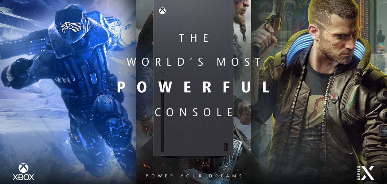 Xbox Series X bilder från spel med texten: "the worlds most powerful console". 