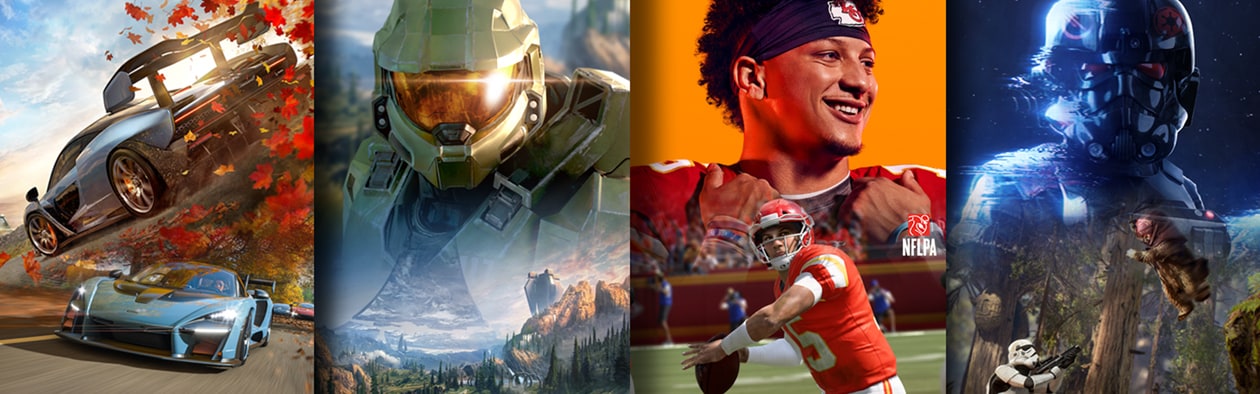 Xbox Series X & S spel , fyra olika bilder från olika spel. 