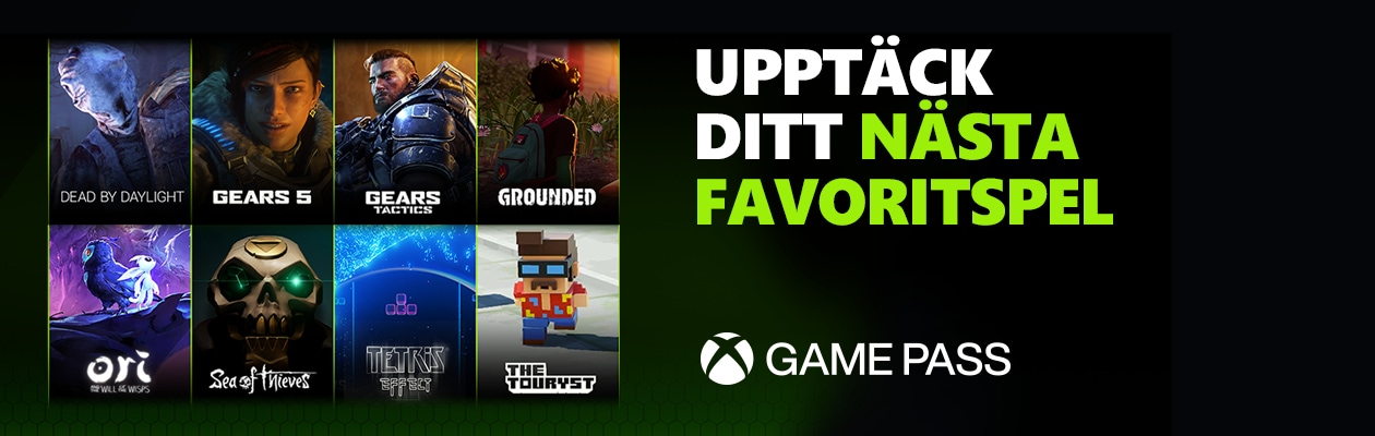 Bild med olika spel titlar och texten "upptäck ditt nästa favoritspel, gamepass".