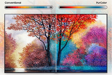 Samsung TV med färgglada träd på skärmen och färgskala längst upp. Skärmen är delad i två för att visa på skillnaden i färg. 
