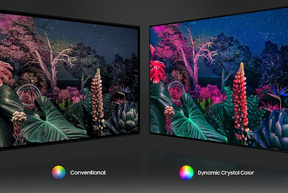 Två TV-apparater från Samsung som visar färgglada bilder på skärmarna. Den ena visar mer färg än den andra. 
