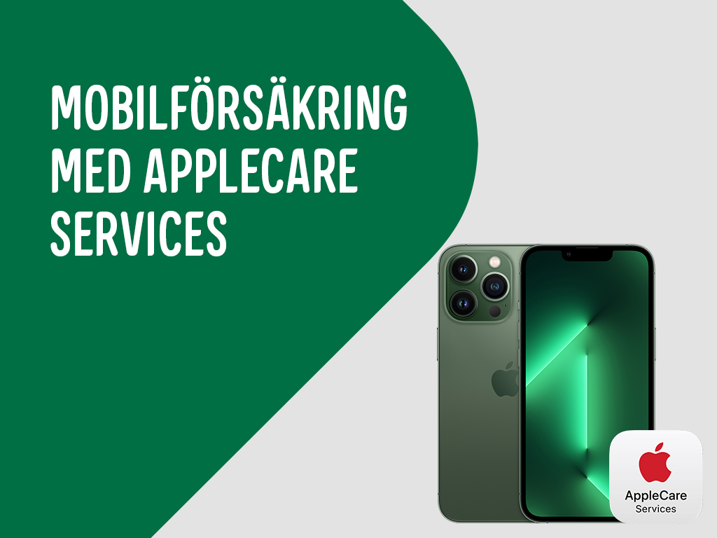 iPhone 13 on banner with the text: Mobilförsäkring med AppleCare Services