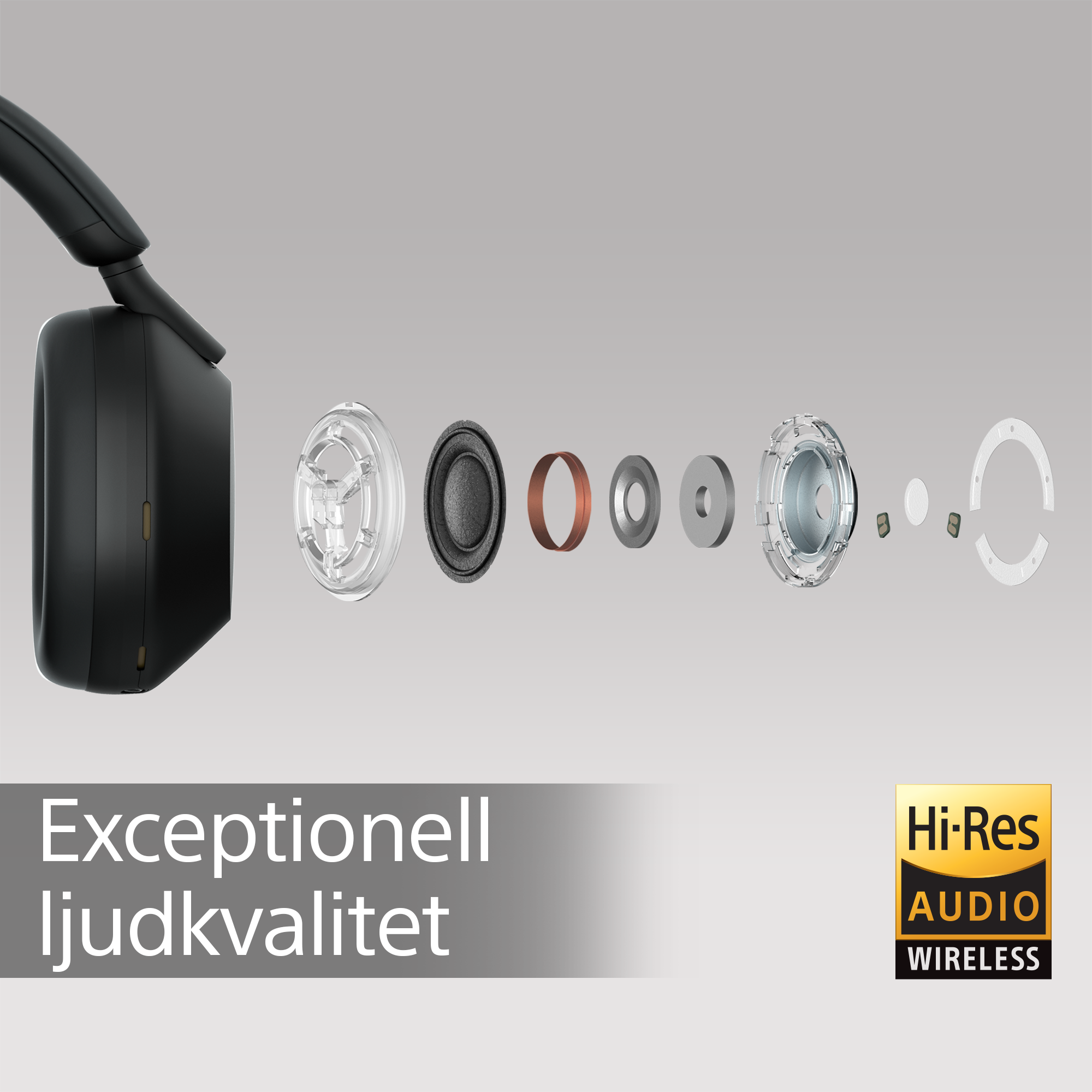 Illustration av hörlurar och de beståndsdelar som finns inuti uppradade efter varandra och vit text "Exceptionell ljudkvalitet"