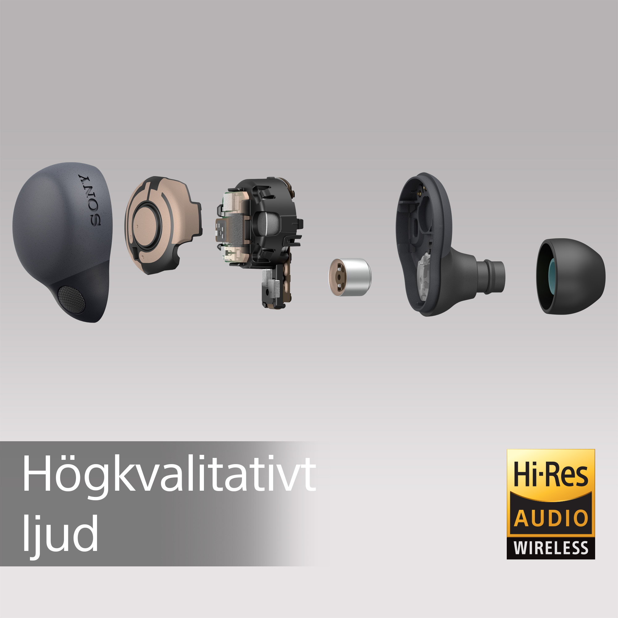 Illustration av komponenter som ingår i LinkBuds S uppradade med svensk, vit text där det står "Högkvalitativt ljud"