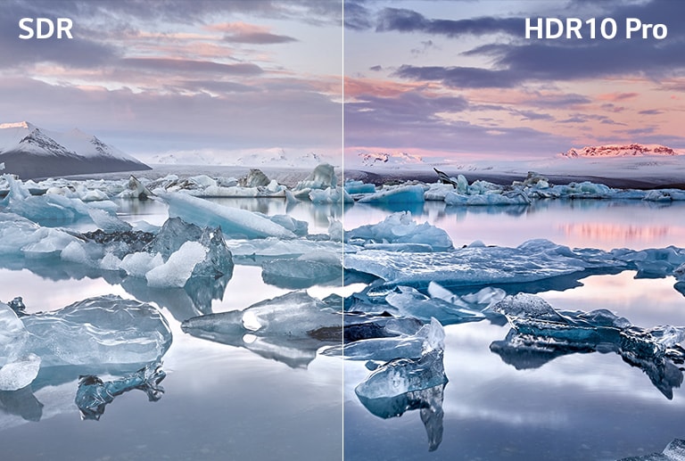 En tvådelad skärm med isberg och vatten som en jämförelse mellan SDR med bleka färger och HDR 10 PRO med skarpare färger 