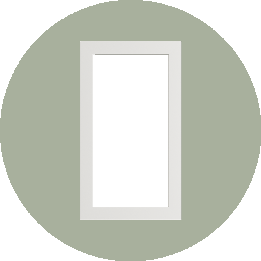 Round image of a white Epoq Trend glass door on a green surface