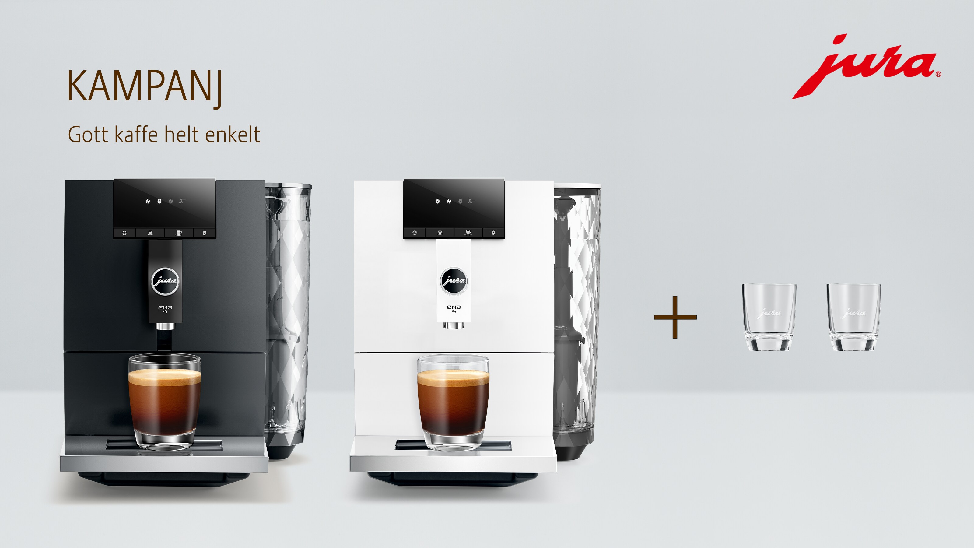 Två Jura ENA 4 kaffemaskiner och kampanjtext