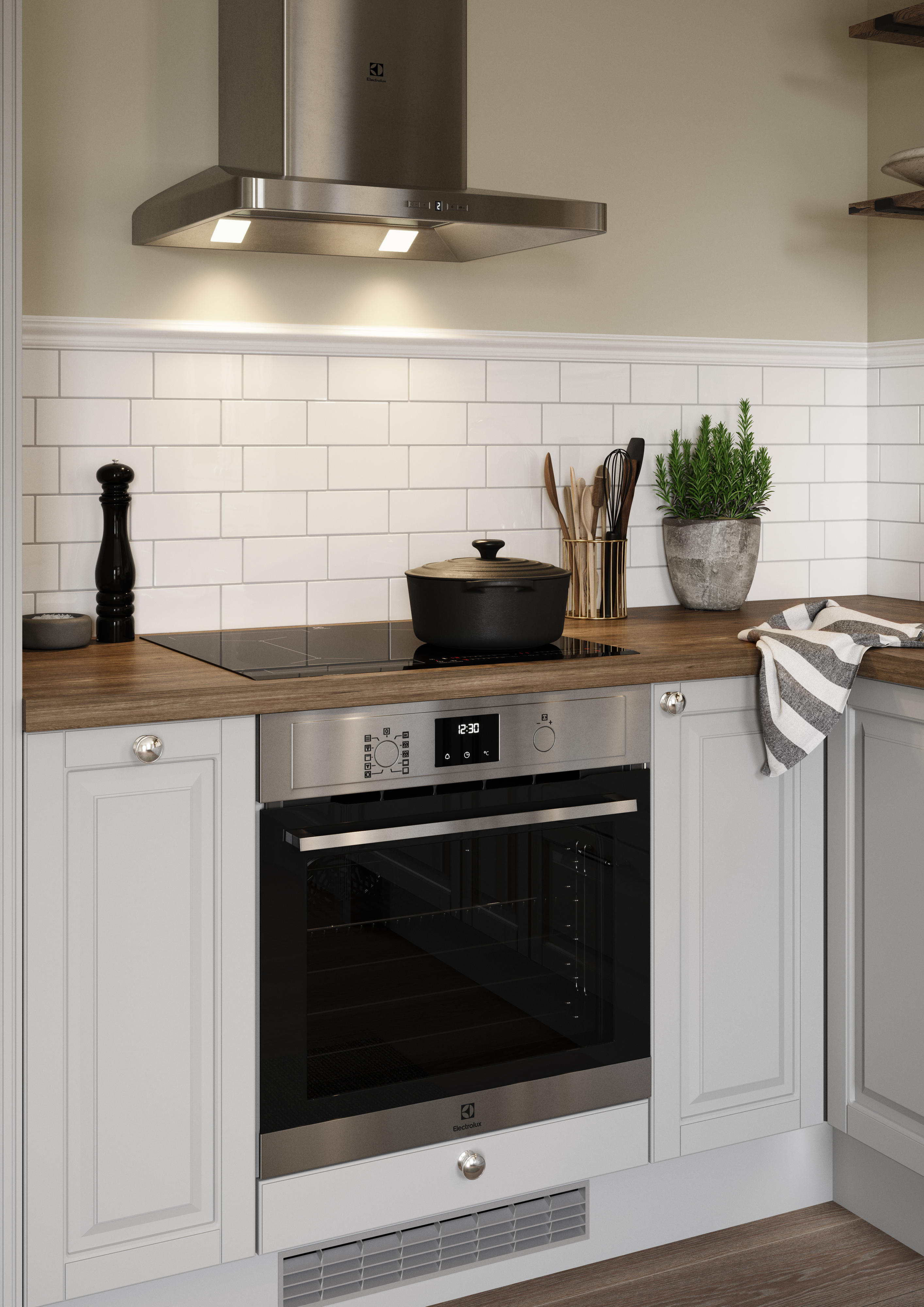 Epoq Heritage Light Grey kitchen with an integrated oven, cooker hood and kitchen fan from Electrolux