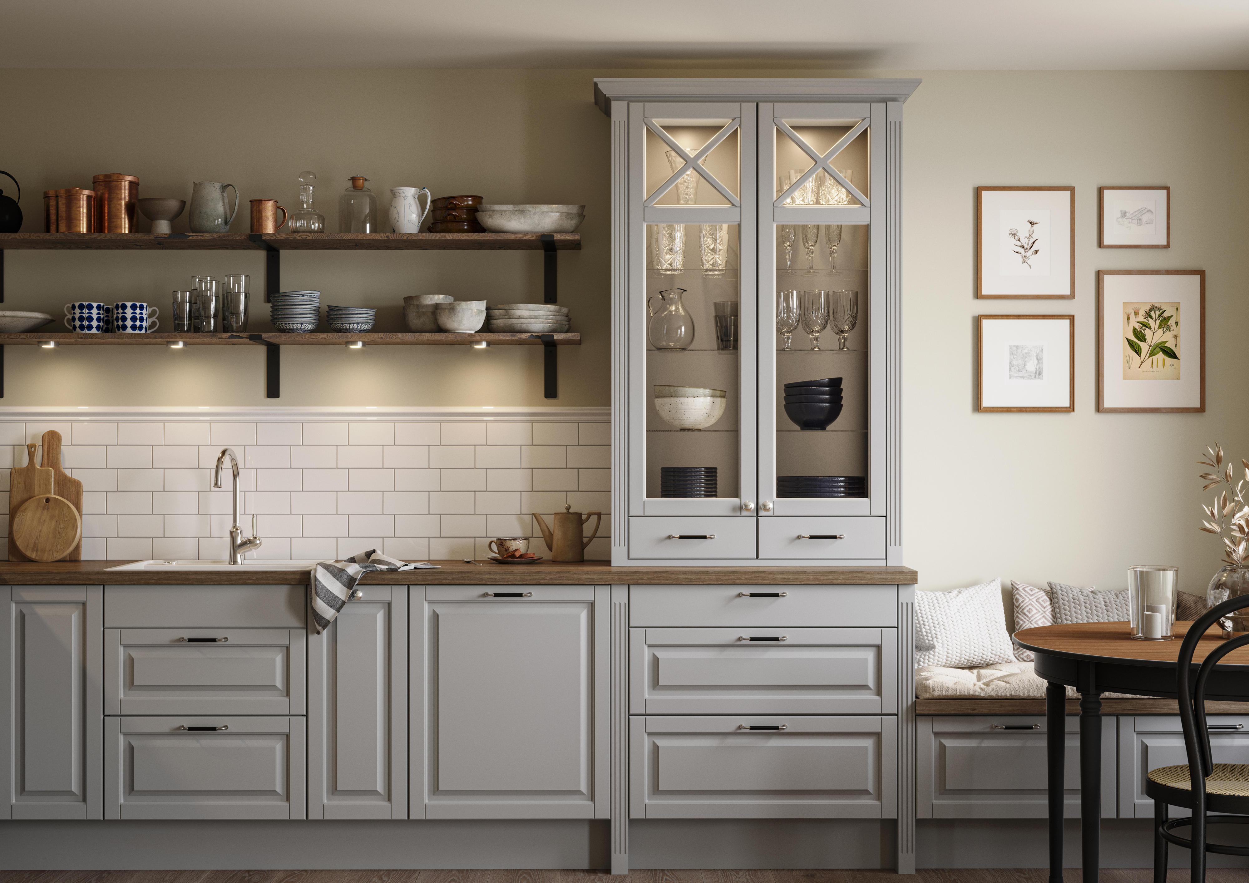 Full Epoq Heritage Light Grey kitchen with Glass Cabinet and laminate Medusa Brown worktop