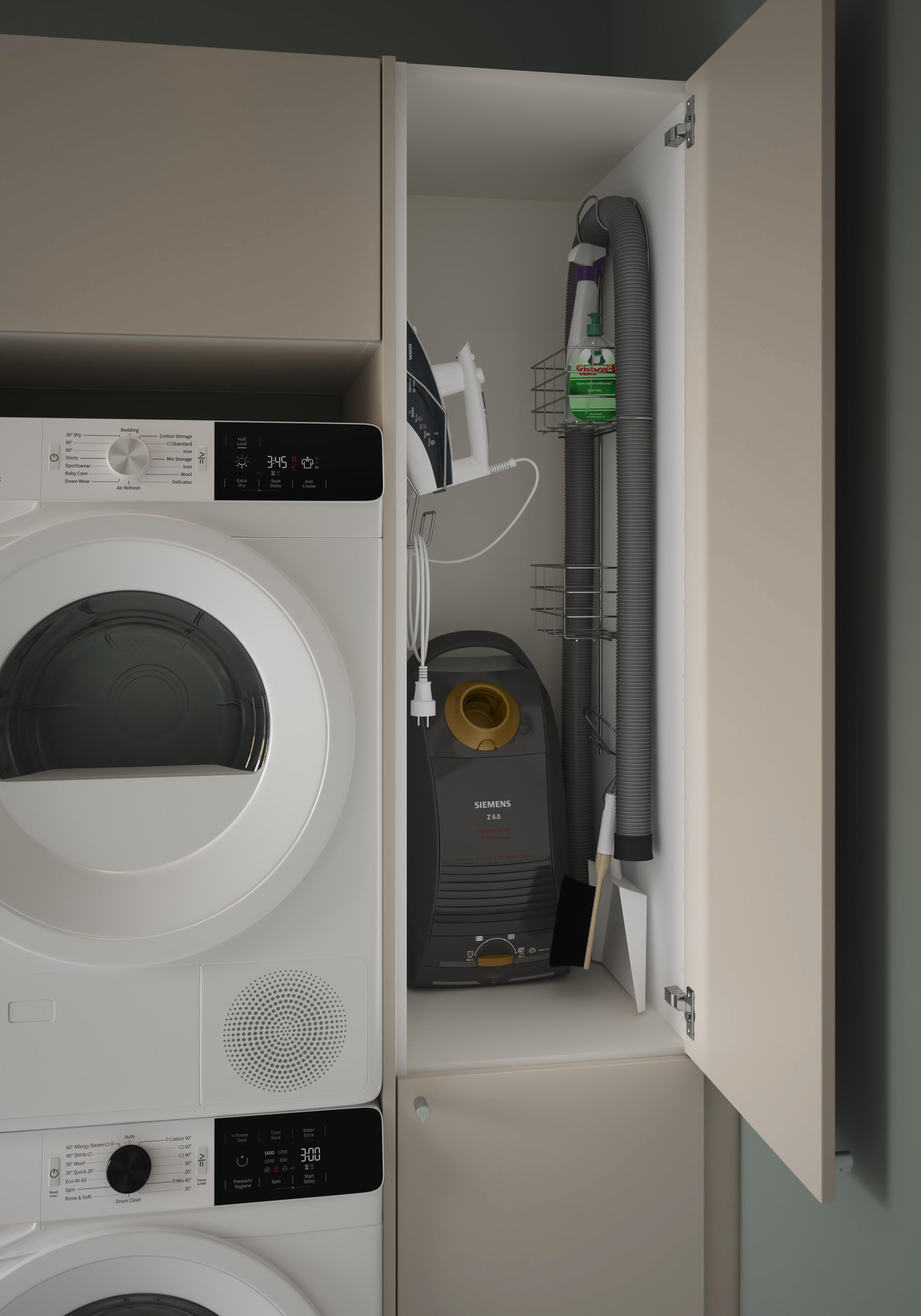 EPOQ tvättstuga: Core Grey Mist, en beige tvättstuga med tvättmaskin och torktumlare.
