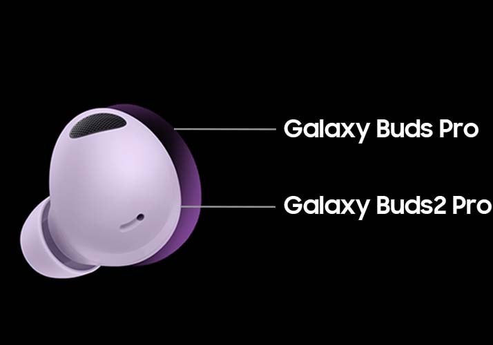 Illustration av en Galaxy Buds2 Pro där texterna Galaxy Buds Pro och Galaxy Buds2 Pro visar att det är en jämförelsebild