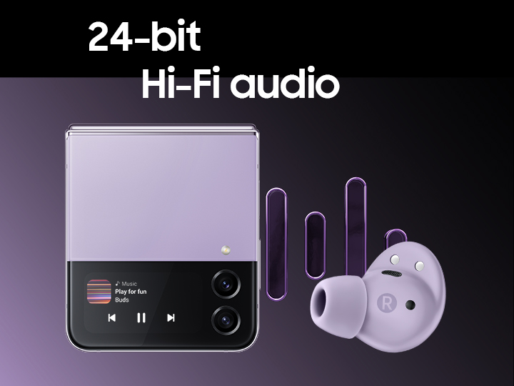 Samsung - vikbar mobiltelefon och en Galaxy Buds2 Pro-hörlur med en illustration av ljudvågor som strömmar ut från mobilen