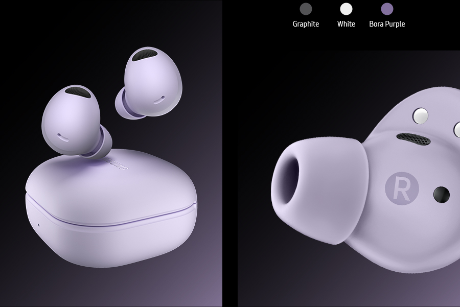 Produktbild av Galaxy Buds2 Pro med case och en närbild av en av öronsnäckorna