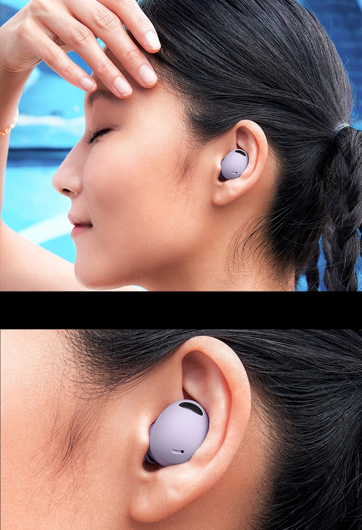 Närbild av kvinna med asiatiskt utseende i profil som blundar och ler med Galaxy Buds2 Pro i örat och en närbild av örat 