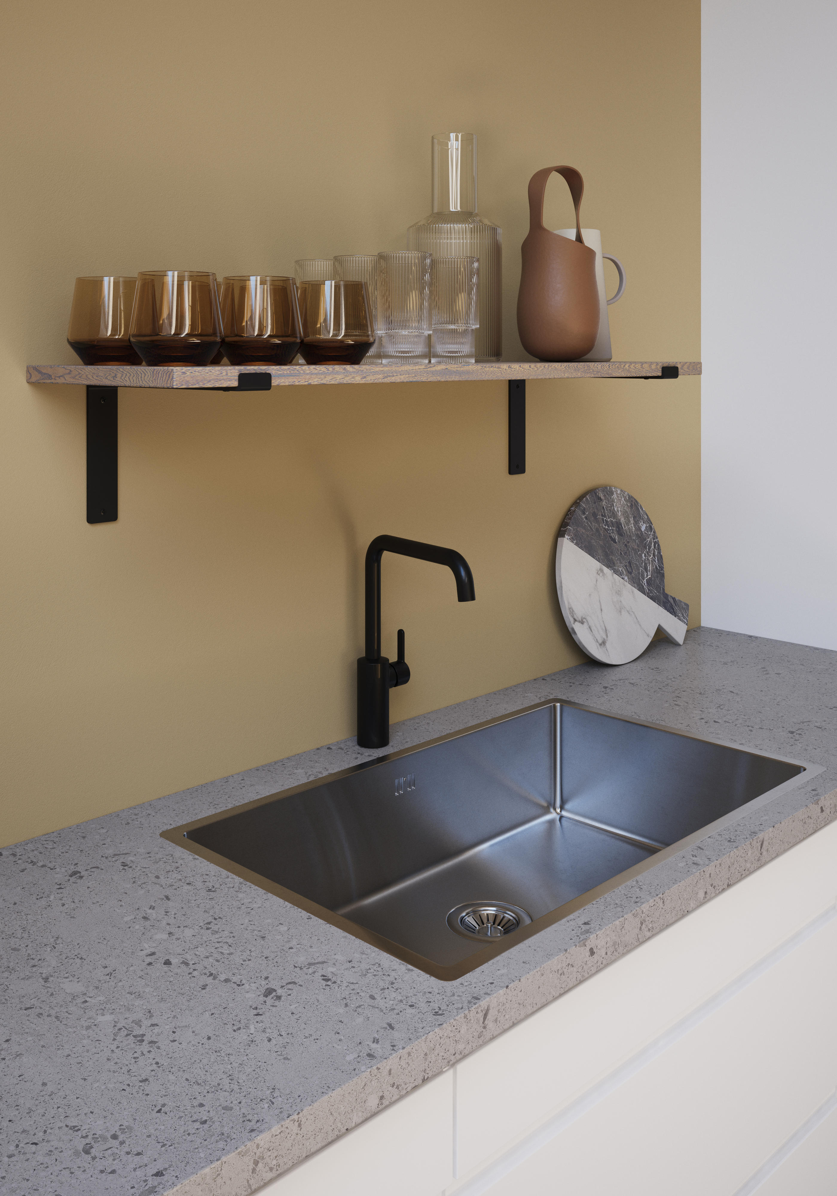 EPOQ kök: Epoq Integra Vit med Terrazzo Grey Laminat bänkskiva, stor diskho och svart kran.