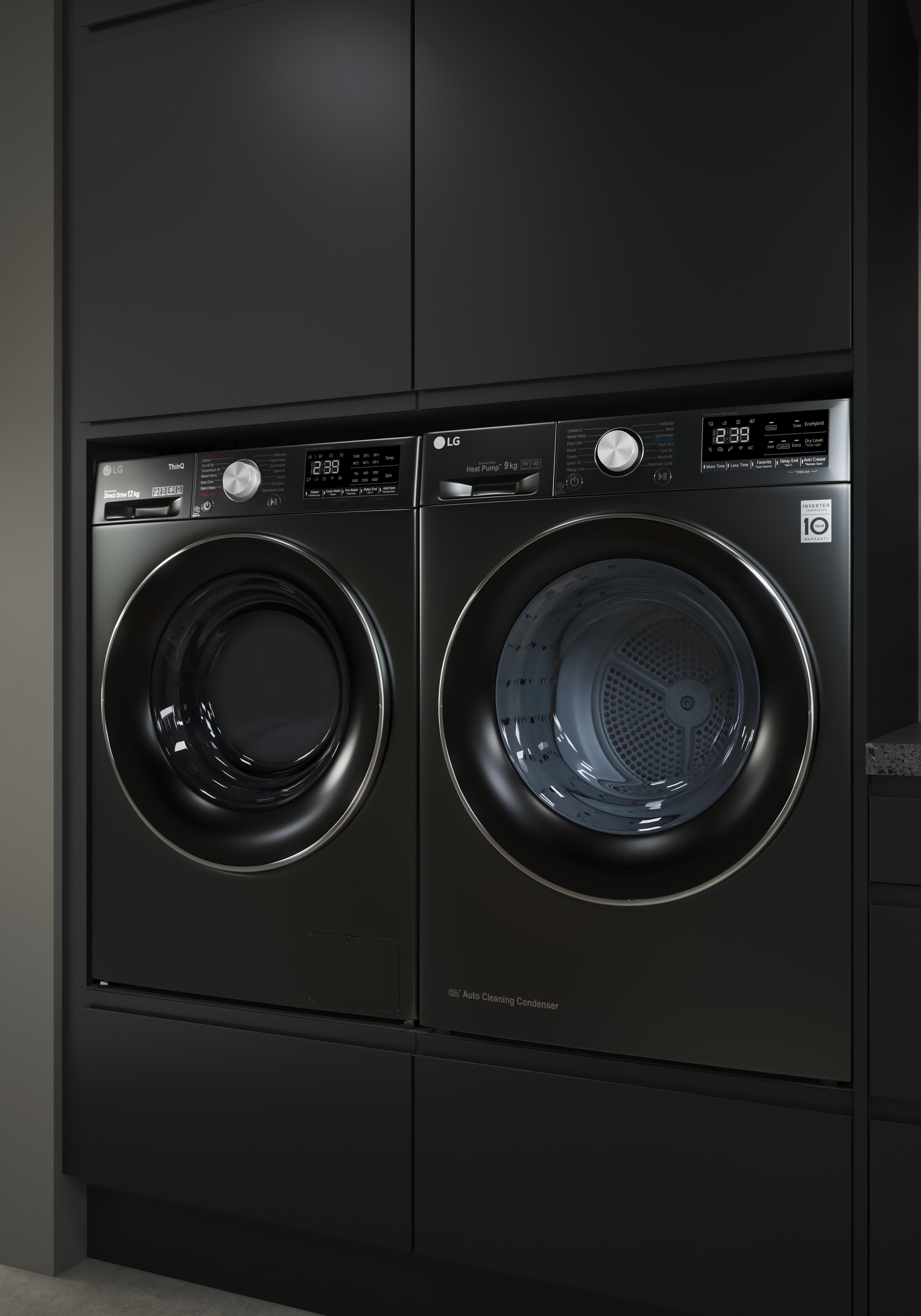 En EPOQ Integra Svart Tvättstuga: närbild av svart tvättmaskin och torktumlare.