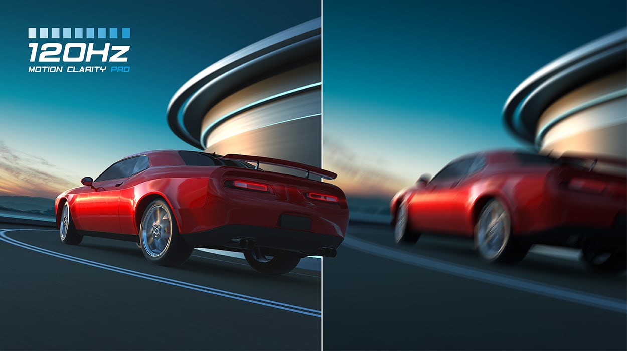 Två jämförande bilder av en röd bil i fart i en kurva där den ena bilden är suddig och den andra tydlig