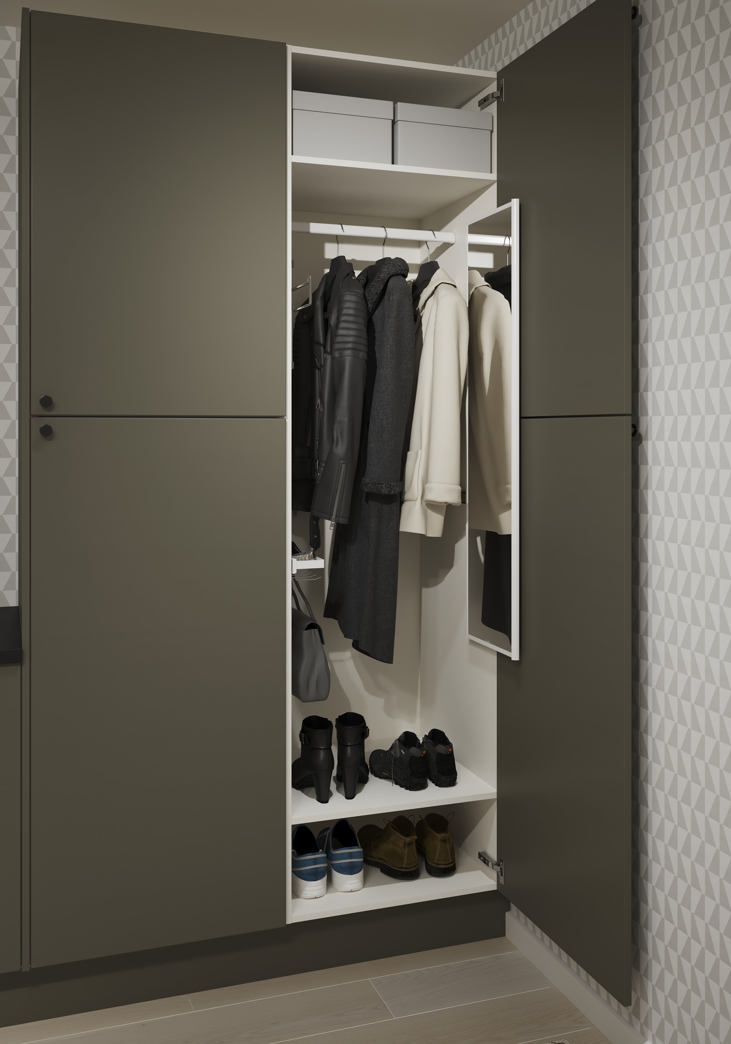 Epoq Trend Moss Green tvättstuga/entré: öppen garderob med kläder, skor och utdragbar spegel.