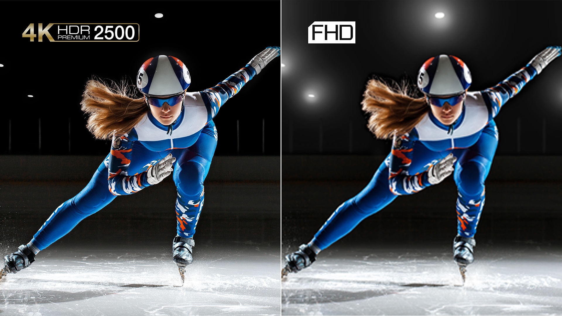 Två jämförande bilder av en kvinnlig professionell skridskoåkare i fart, där man tydligt ser färg- och kontrastskillnader