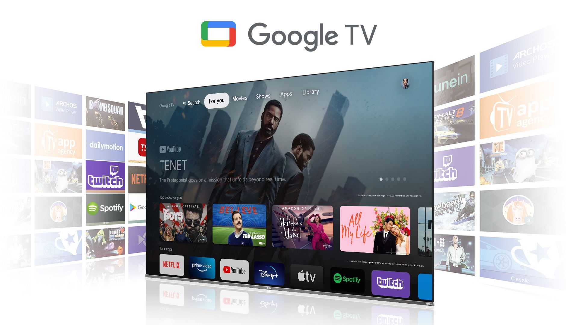Google TV med en filmvalsmeny och många andra appar som syns i bakgrunden