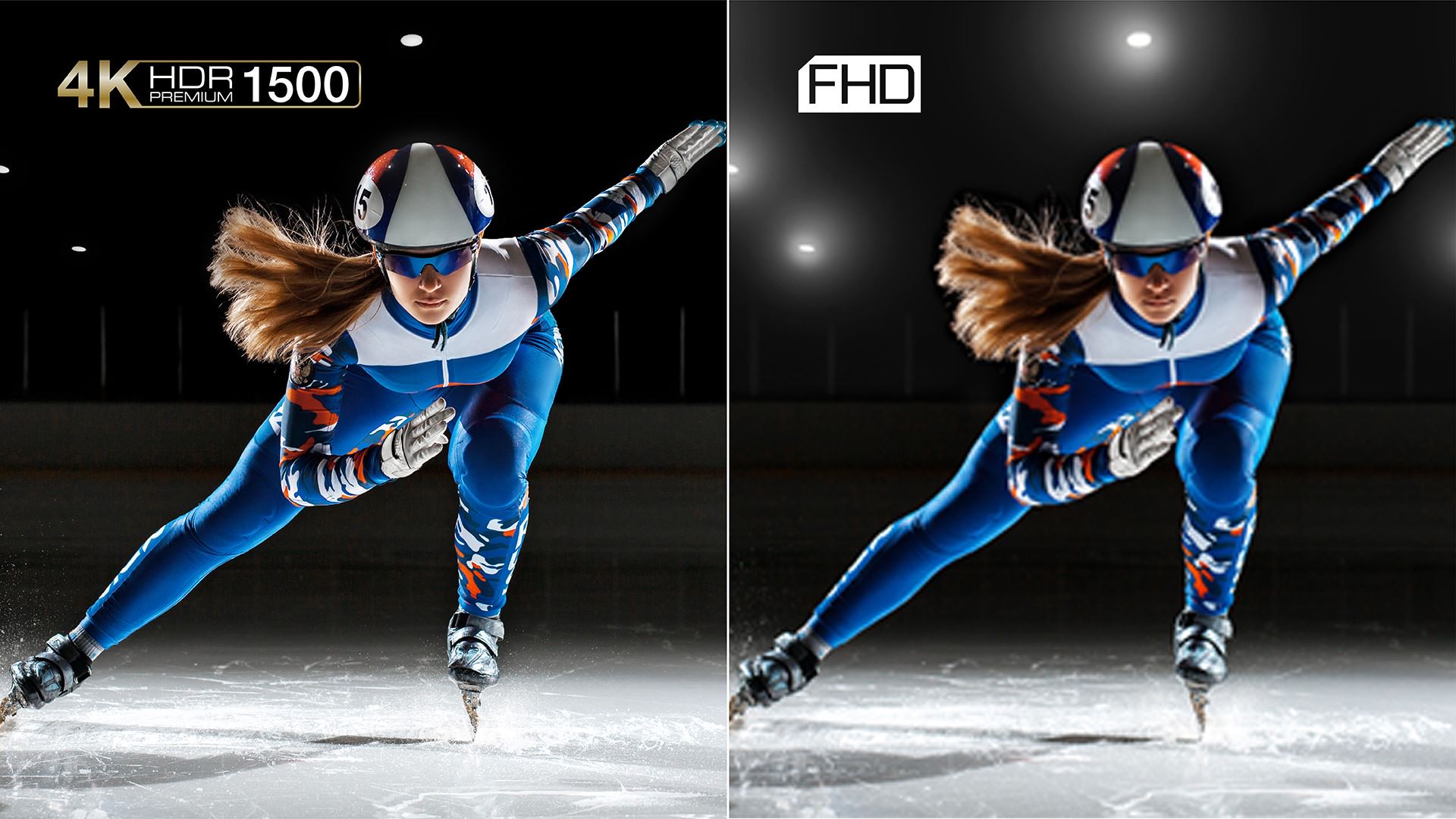 Två bilder av en kvinnlig professionell skridskoåkare i fart för jämförelse där den ena visar klarare färger och kontraster