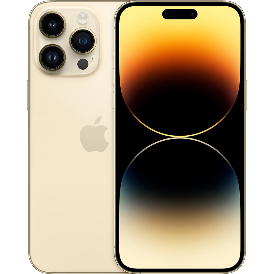 Jämför mobiler: iPhone 14 Pro Max i guld sett både framifrån och bakifrån.