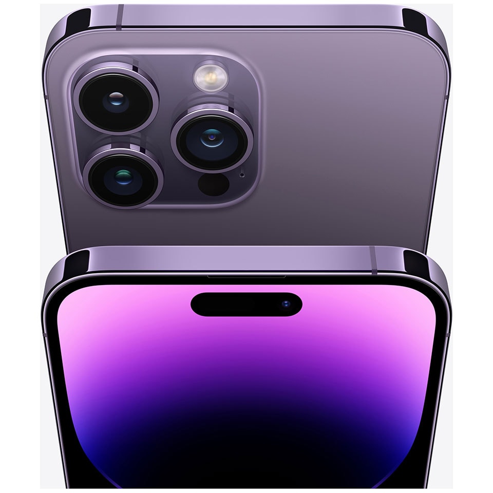 Jämför mobiler: iPhone 14 Pro Max i djuplila och med fokus på kamerorna och skärmen.
