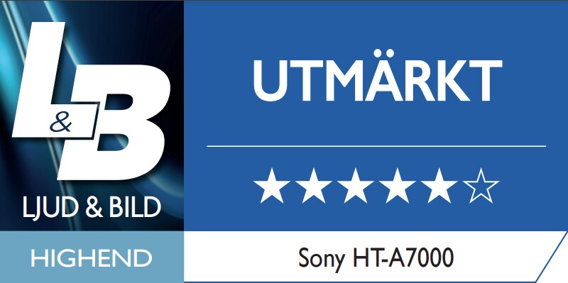 Sony HT-A7000 - rekommendation från Ljud & Bild där det står Utmärkt och fem stjärnor av sex