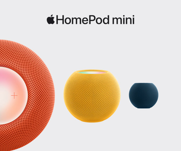 HomePod mini i orange, gult och blått