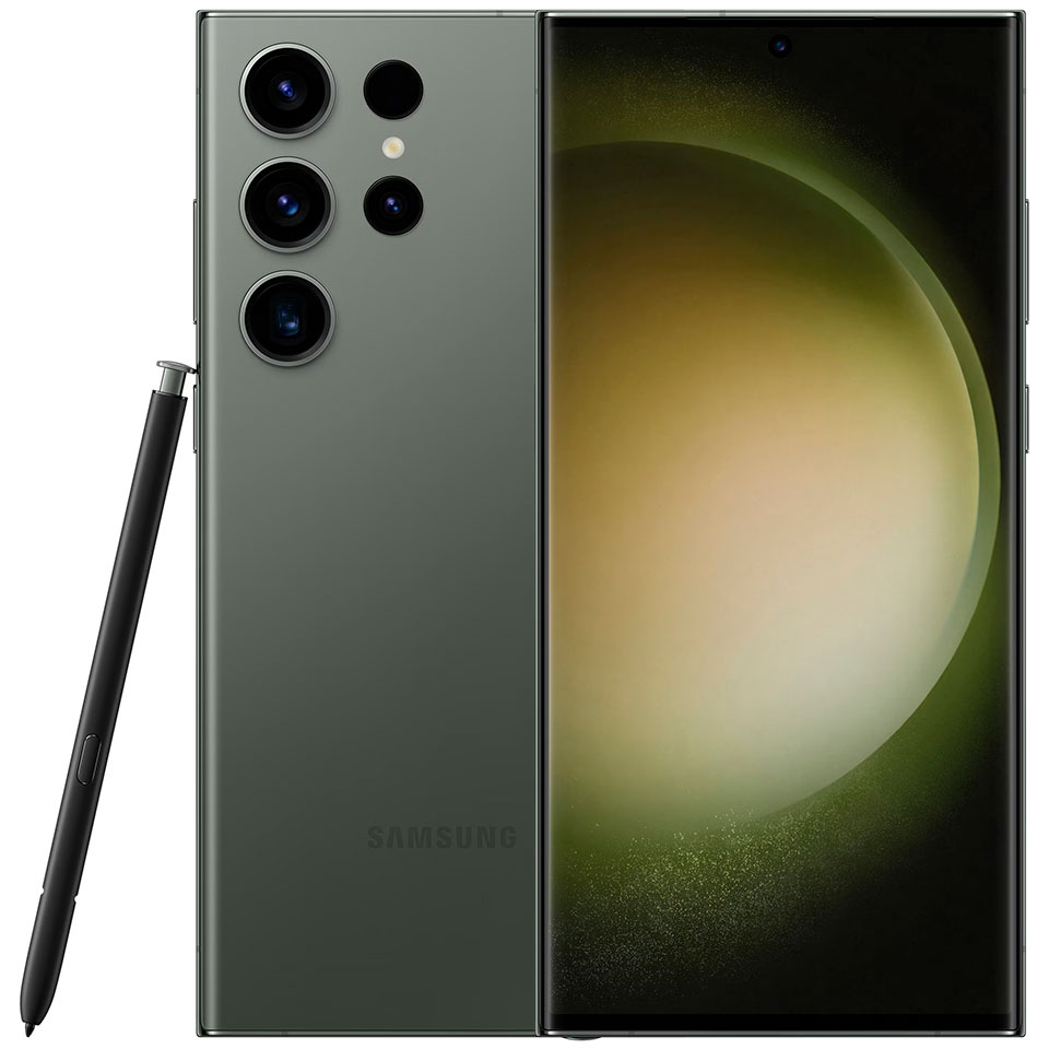 Samsung Galaxy S23 Ultra med S Pen med fokus på baksida och display
