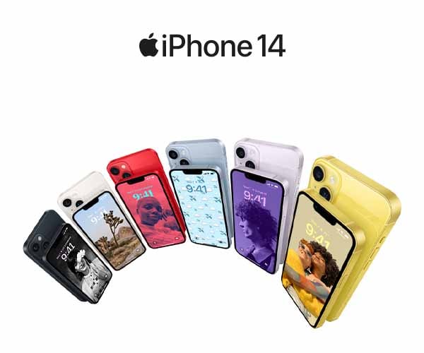 Apple iPhone 14 och 14 Plus i alla färgalternativ; svart, vit, röd, blå, lila och gul