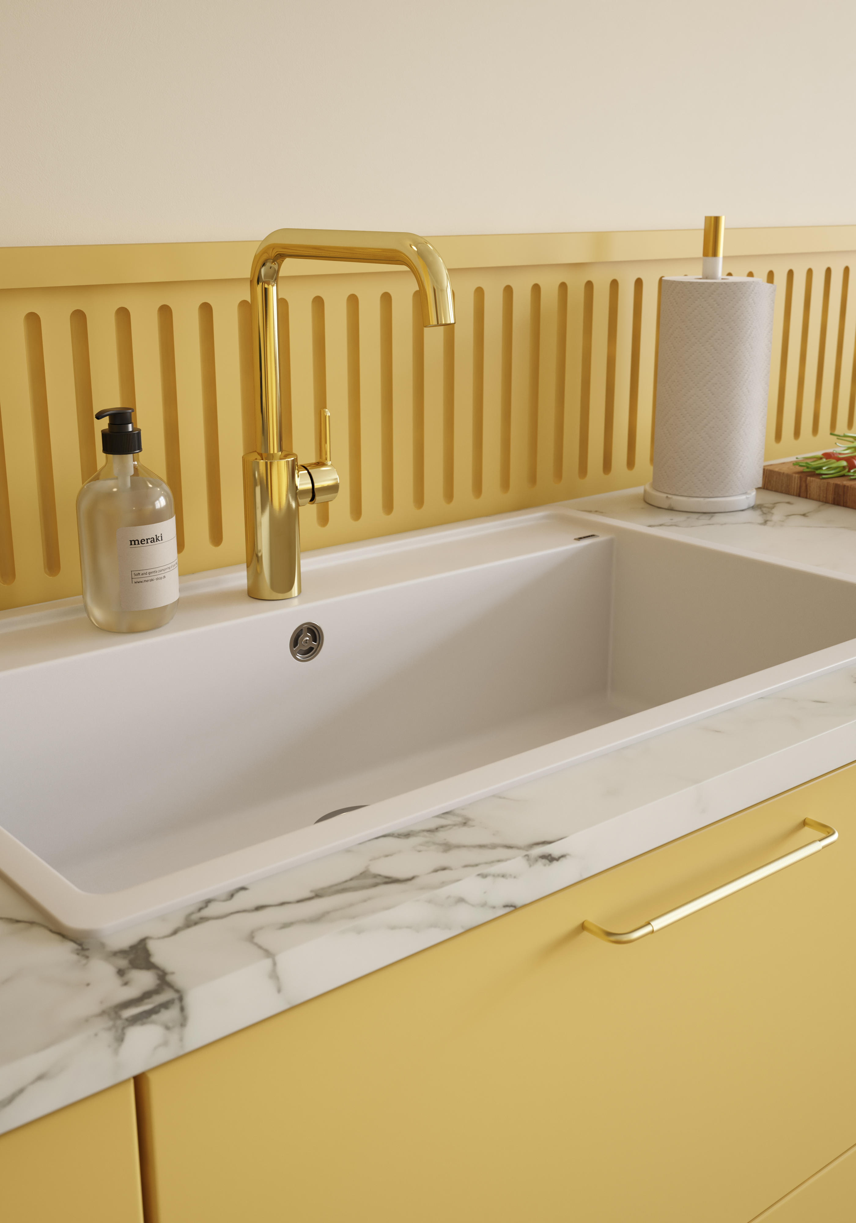 Epoq- Counter tops - Kitchen in yellow with gold tap