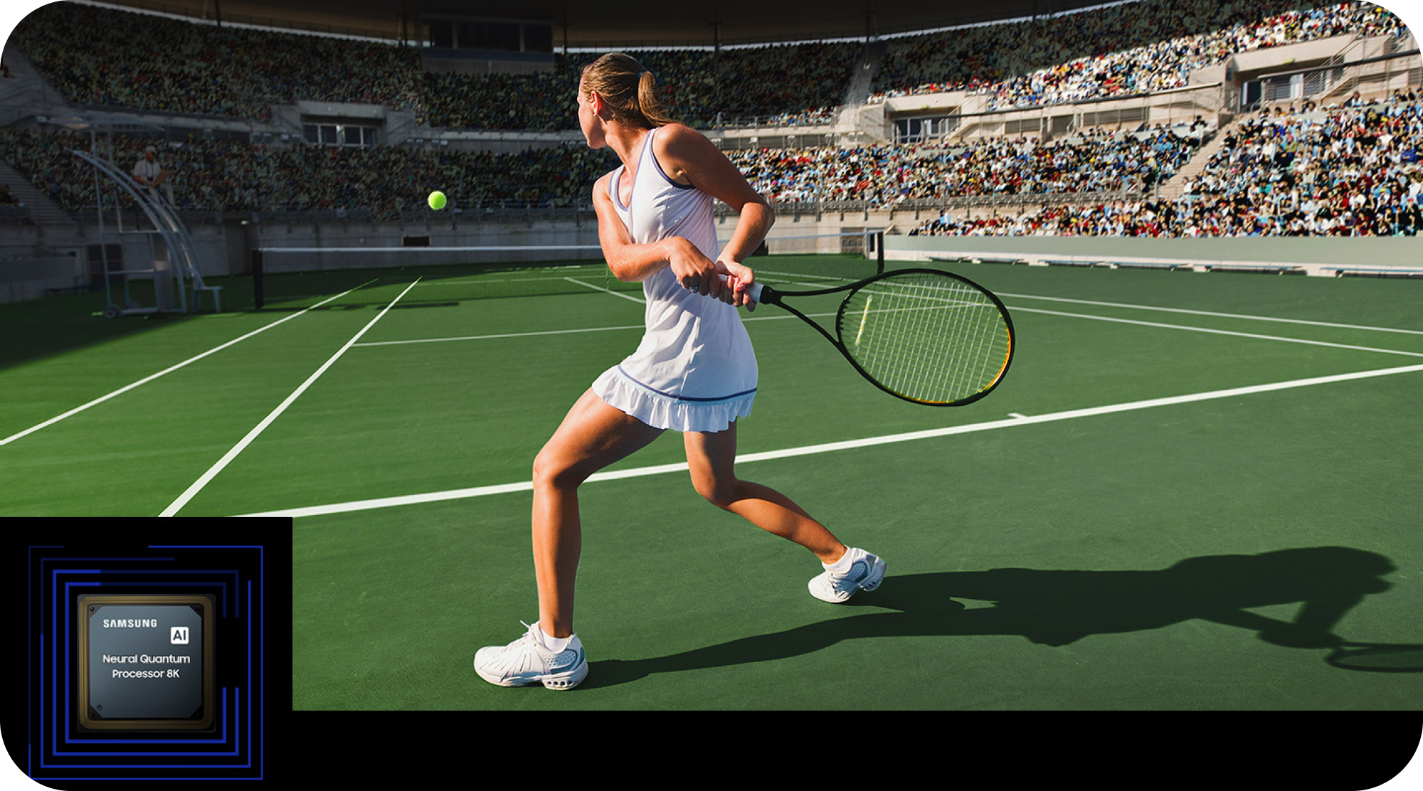 Samsung TV med Neural Quantum Processor 8K och en tjej som spelar tennis
