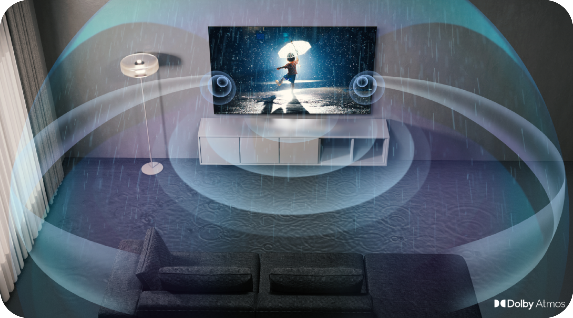Samsung TV with Dolby Atmos and sound waves around the room