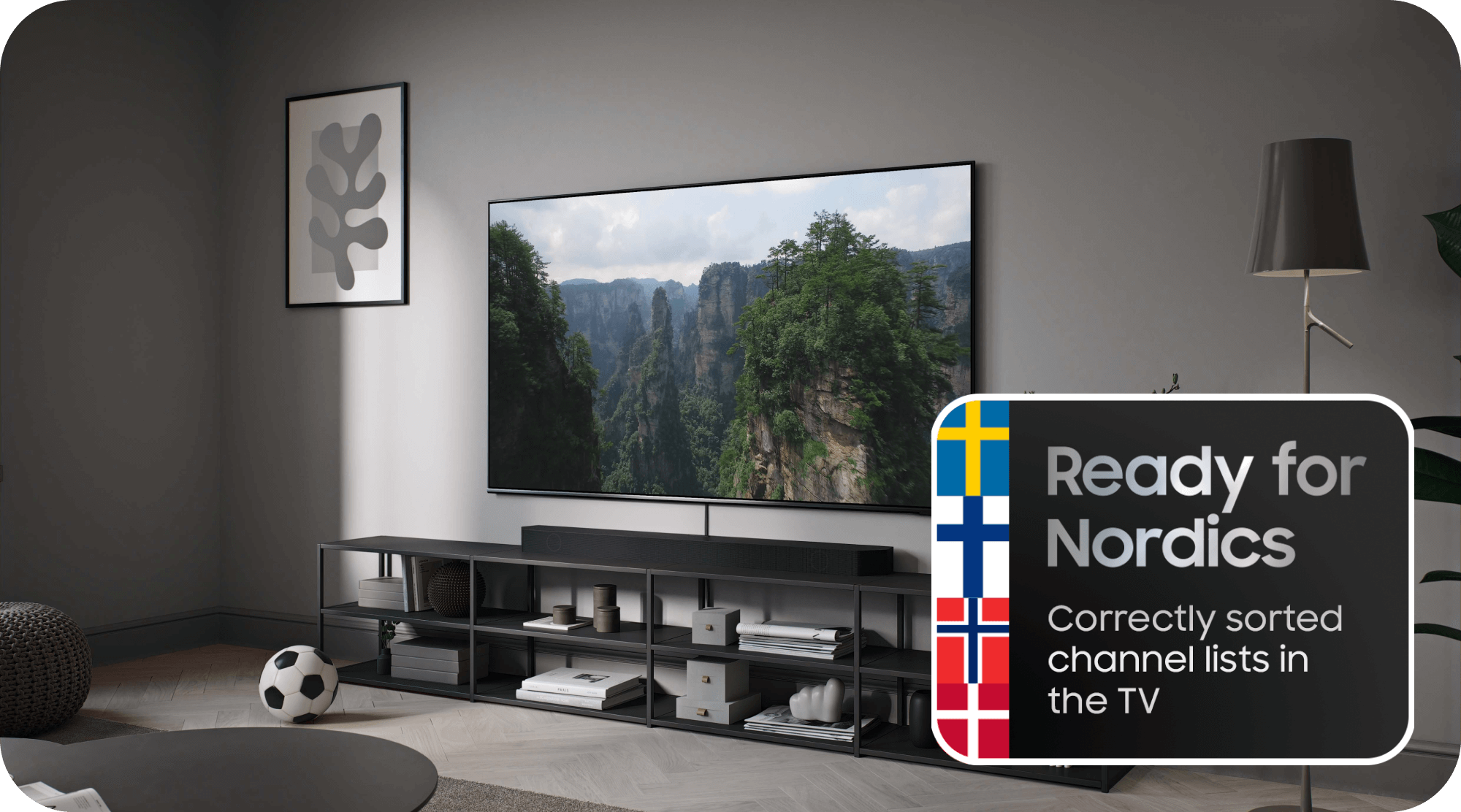 Samsung TV in a living room and Ready For Nordics text