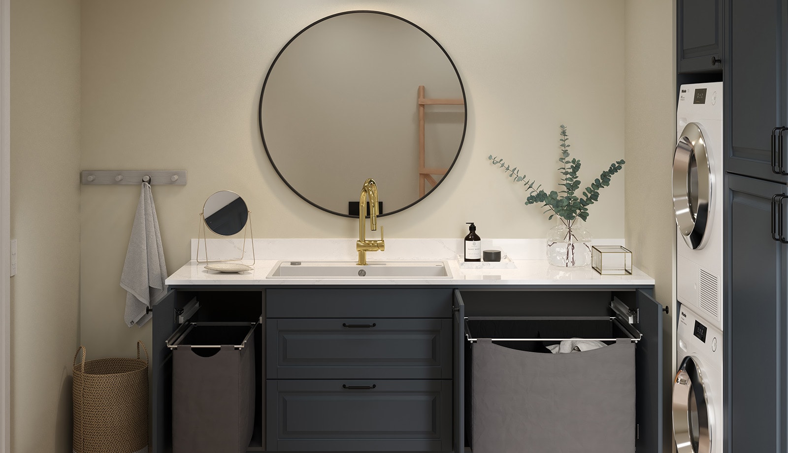 EPOQ Heritage Bluegrey laundry Room - round mirror - eucalyptus - Miele washer dryer column - Silestone Quartz Calacatta Gold