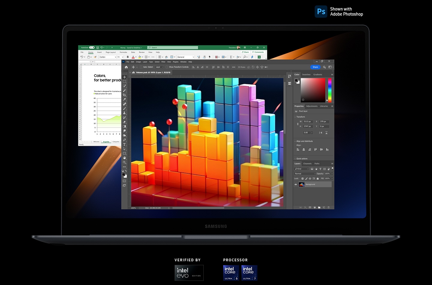 Galaxy Book 4 Pro med apparna Adobe Photoshop och Microsoft Excel öppna på skärmen