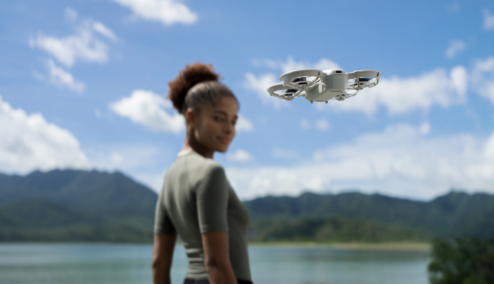 A girl is being filmed with DJI Neo Drone