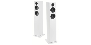 Två vita HiFi högtalarpelare av modellen Audio Pro Addon T20. 