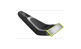 En svart rakapparat från Philips OneBlade med grönt rakhuvud och silverfärgade stripor.