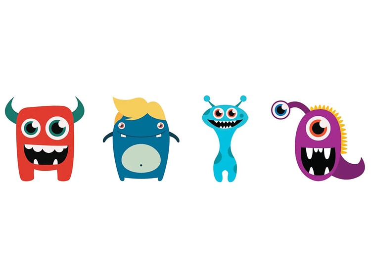 Fyra glada monster eller figurer i olika färger står på rad mot en vit bakgrund. 