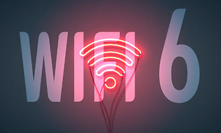WiFi 6 text på en svart vägg med en wifi-symbol för signalstyrka i neonljus.