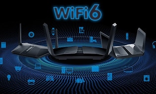 Mörk illustration för WiFi 6 med routers i mitten och olika blå symboler som svävar runt omkring. Blå lysande "WiFI 6" text.